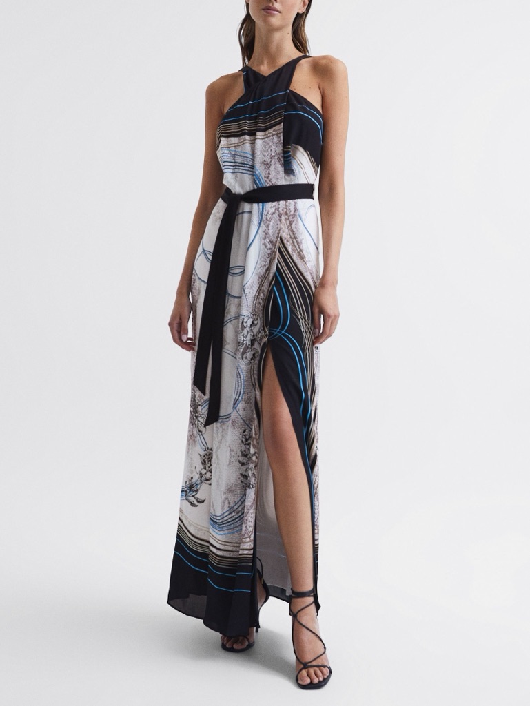 Reiss Hope Jewel Print Maxi Halter Slit Dress In Navy